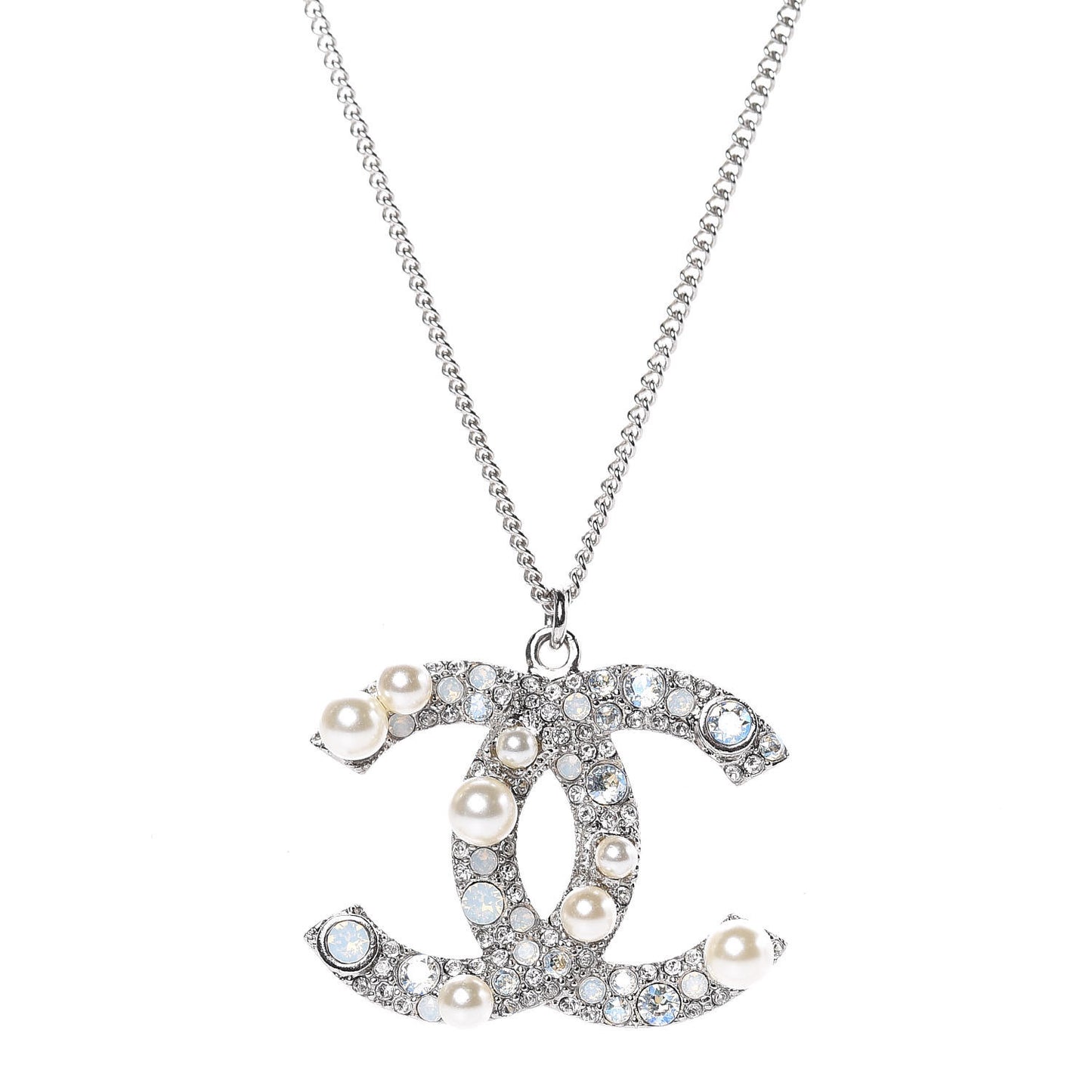 Crystal Pearl CC Pendant Necklace Silver