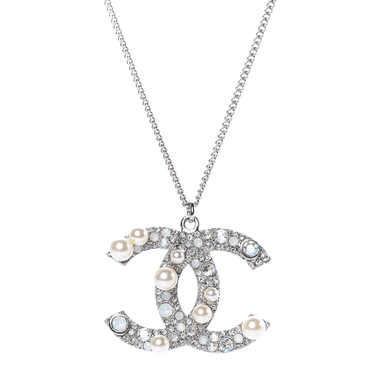 Chanel Crystal Pearl CC Pendant Necklace Silver 5 of 6