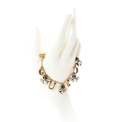 Gucci Crystal Pearl Bee Logo Charm Bracelet Aged Gold 2 of 6