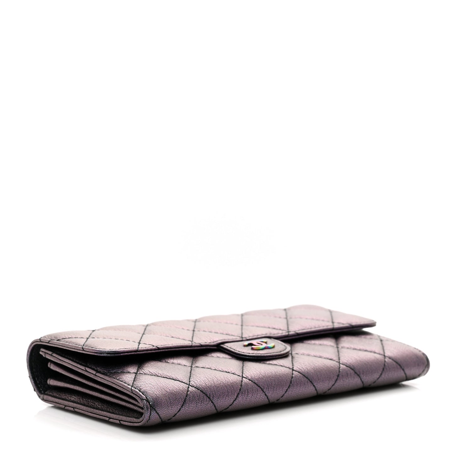 Iridescent Goatskin Quilted Large Flap Wallet Purple
