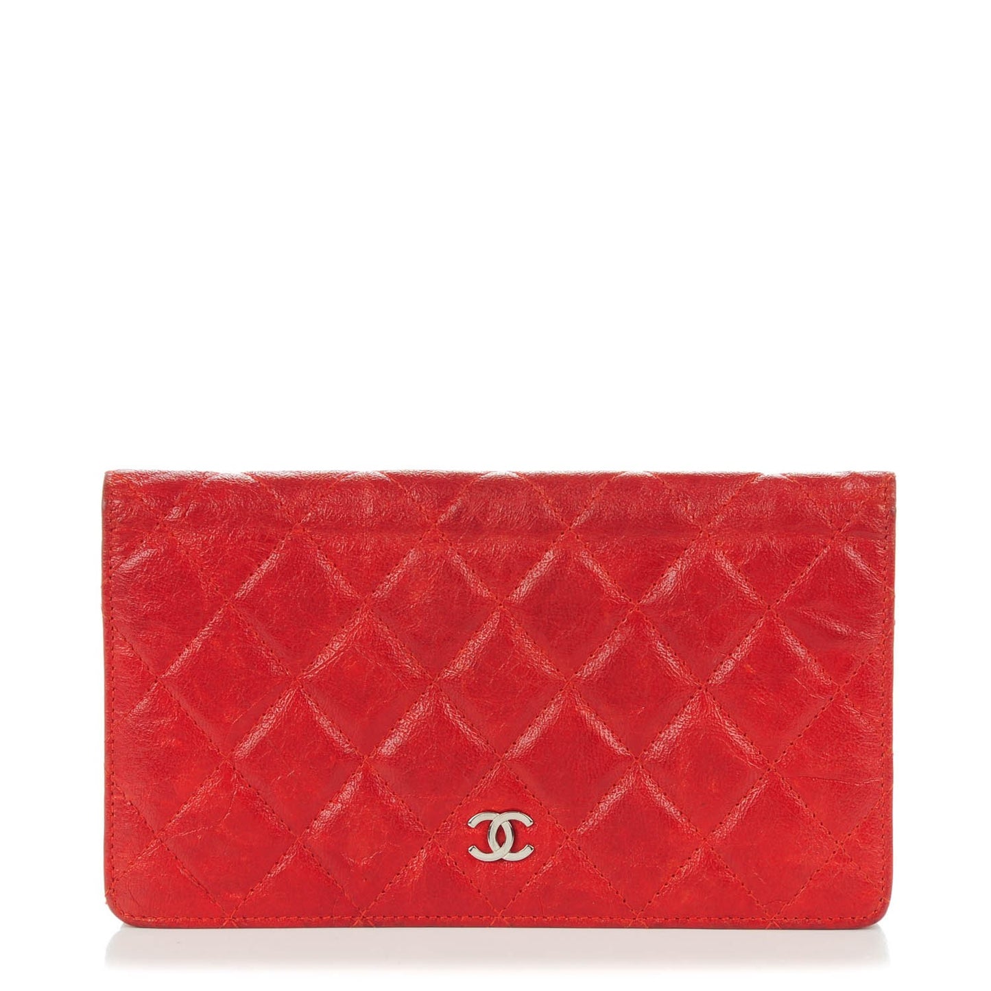 Crinkled Calfskin Quilted Yen Wallet Red
