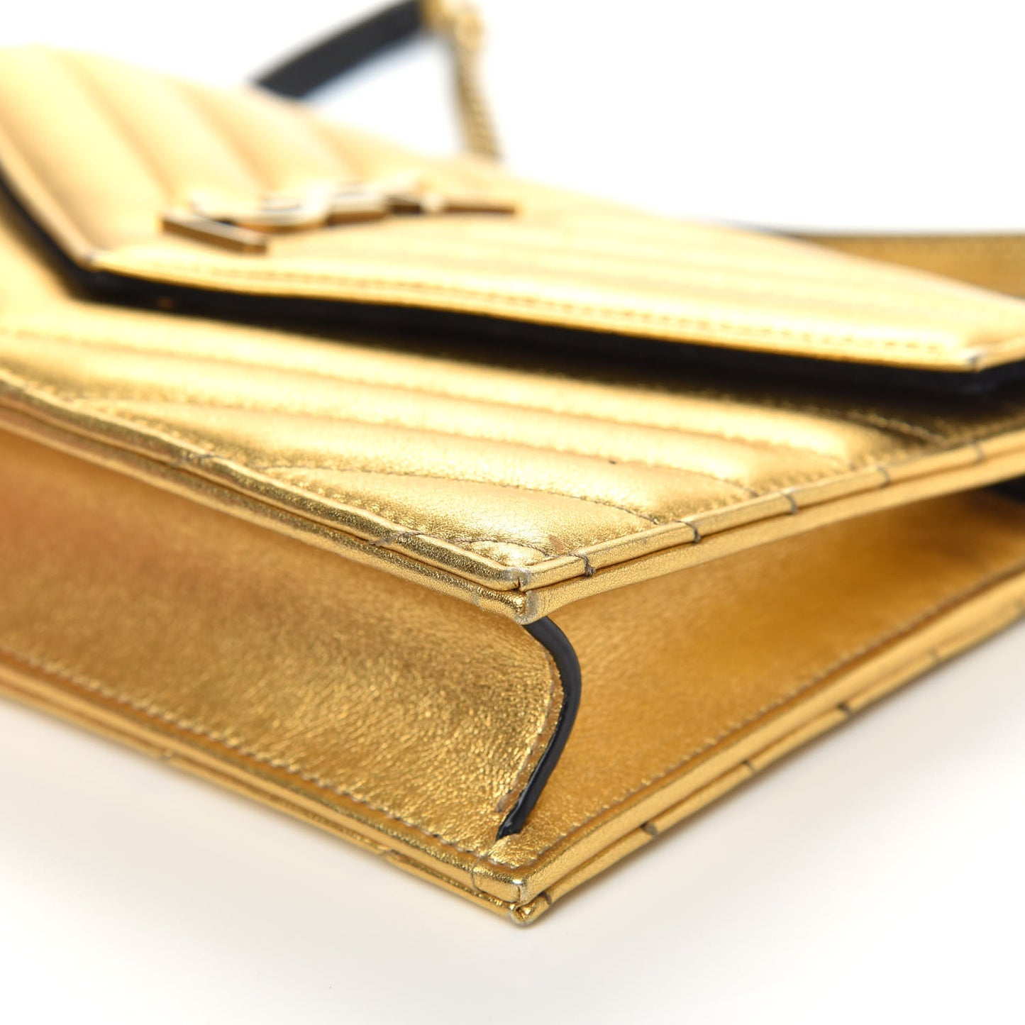 Metallic Calfskin Matelasse Chevron Monogram Envelope Chain Wallet Gold