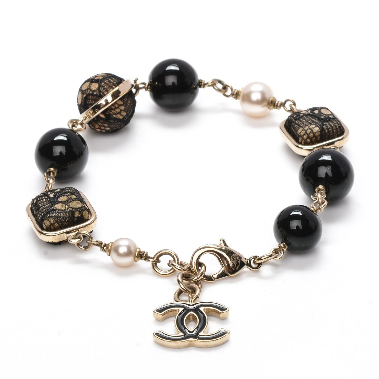 Lace Pearl Beaded CC Bracelet Black Gold