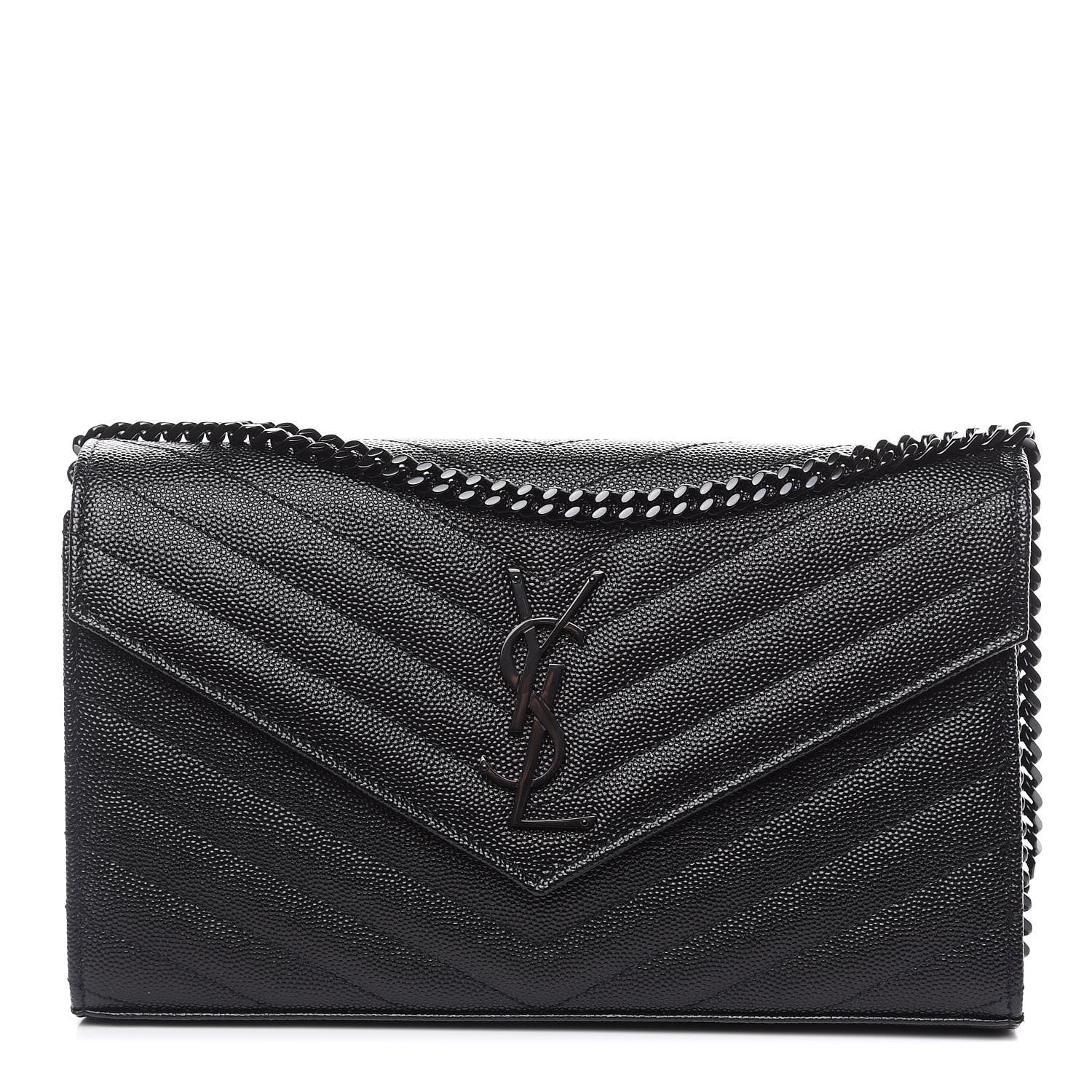 Saint Laurent Grain De Poudre Matelasse Chevron Monogram Chain Wallet Black 1 of 10