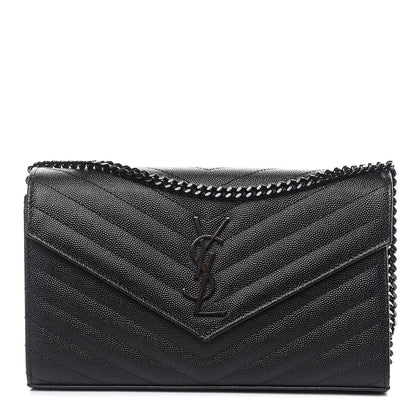 Saint Laurent Grain De Poudre Matelasse Chevron Monogram Chain Wallet Black 1 of 10