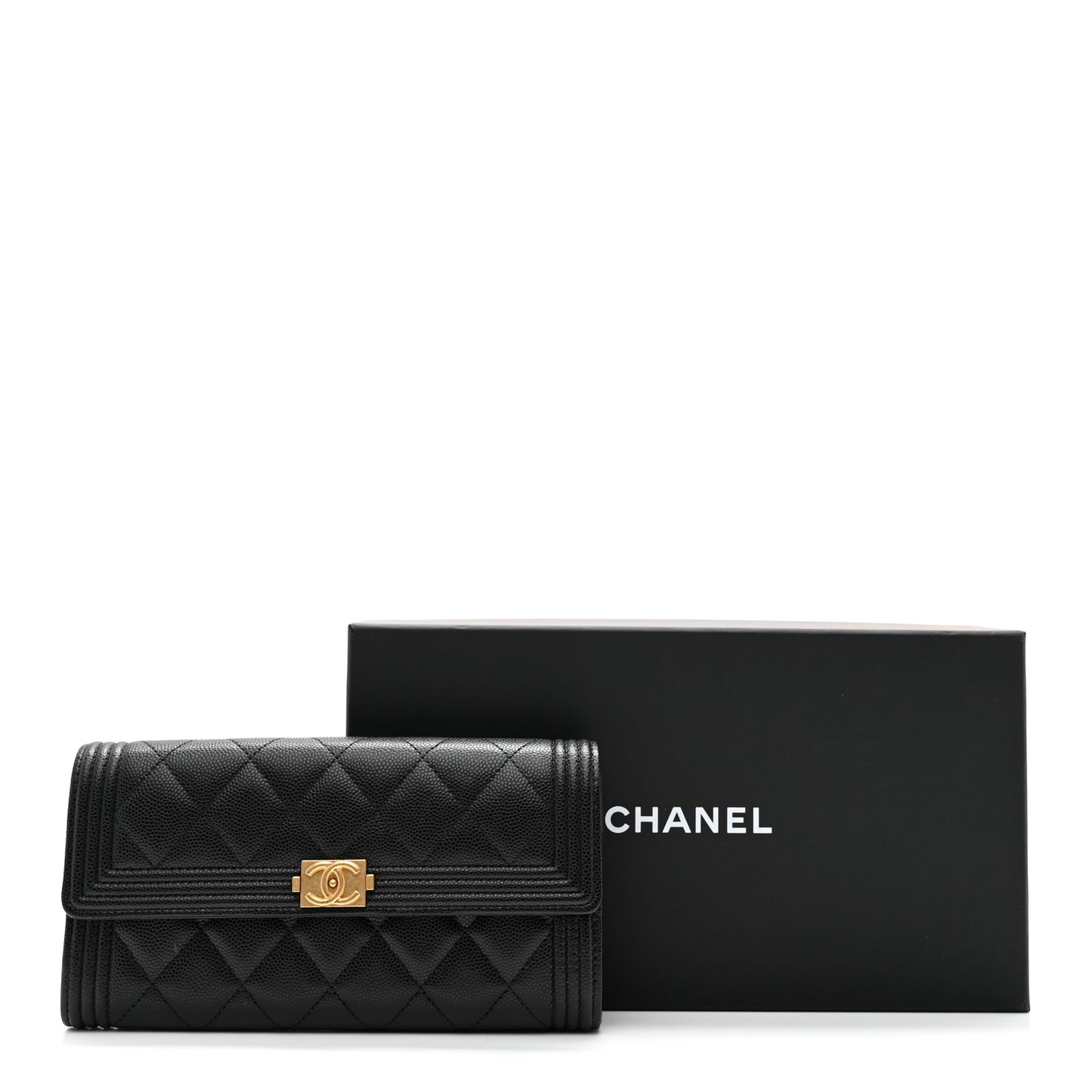Caviar Quilted Large Boy Gusset Flap Wallet Black