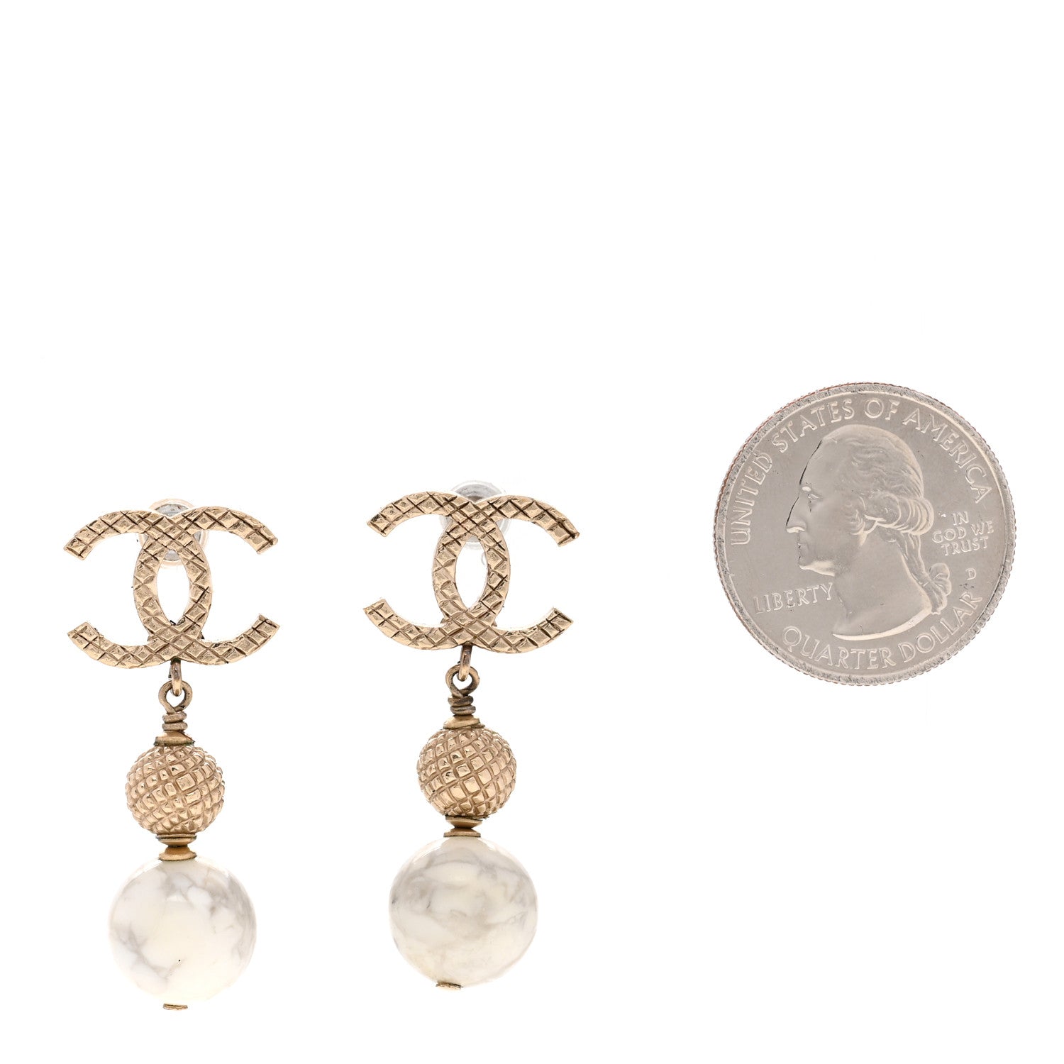 Chanel Metal Pearl Quilted CC Drop Earrings Gold White 2 of 4