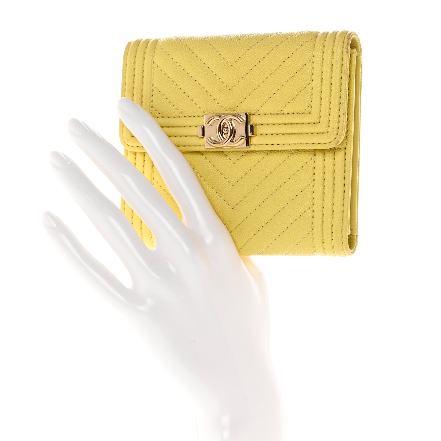 Caviar Chevron Quilted Boy Compact Wallet Yellow