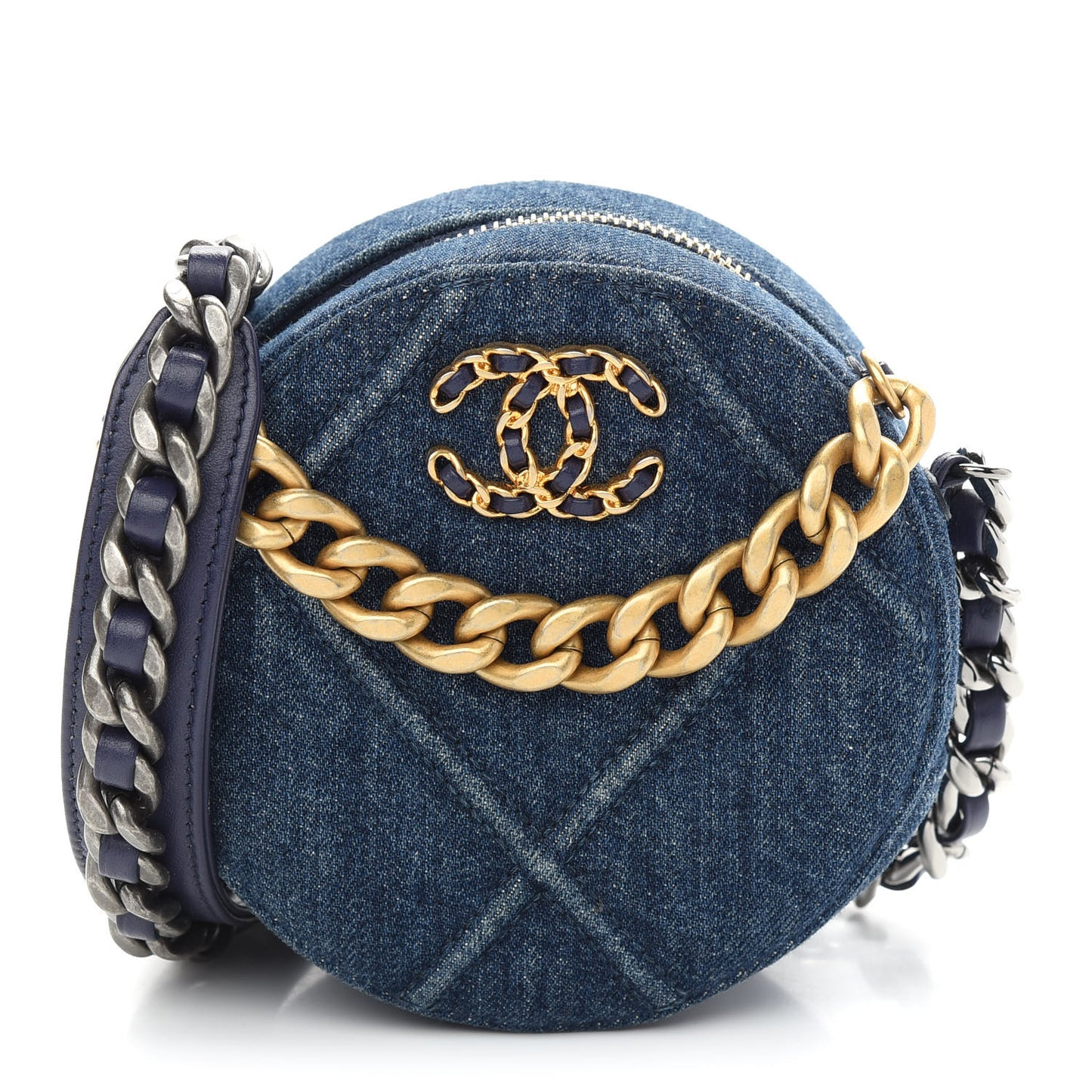 Denim Quilted Chanel 19 Round Clutch With Chain Blue