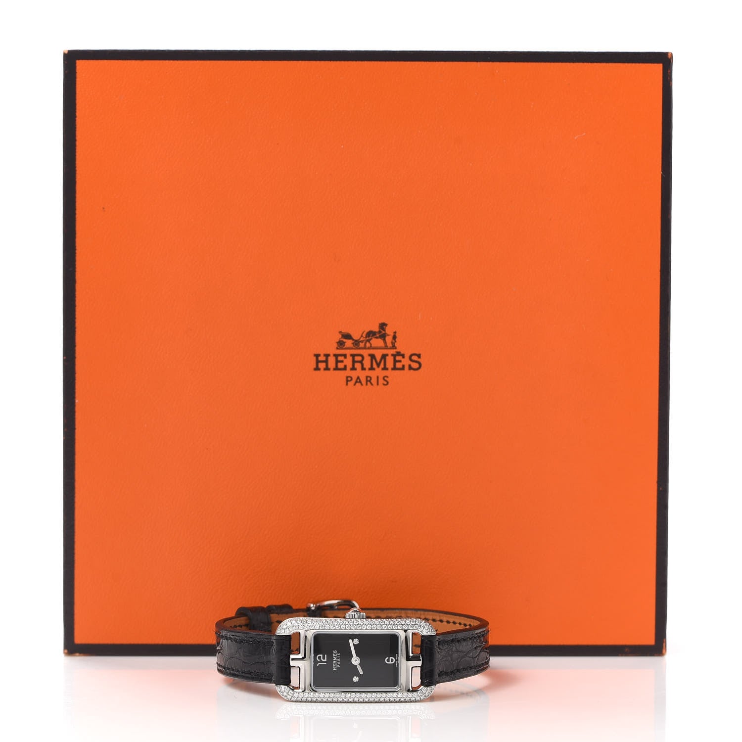 Hermes Stainless Steel Alligator Diamond 17mm Nantucket Serti Joaillier Quartz Watch Noir 5 of 5