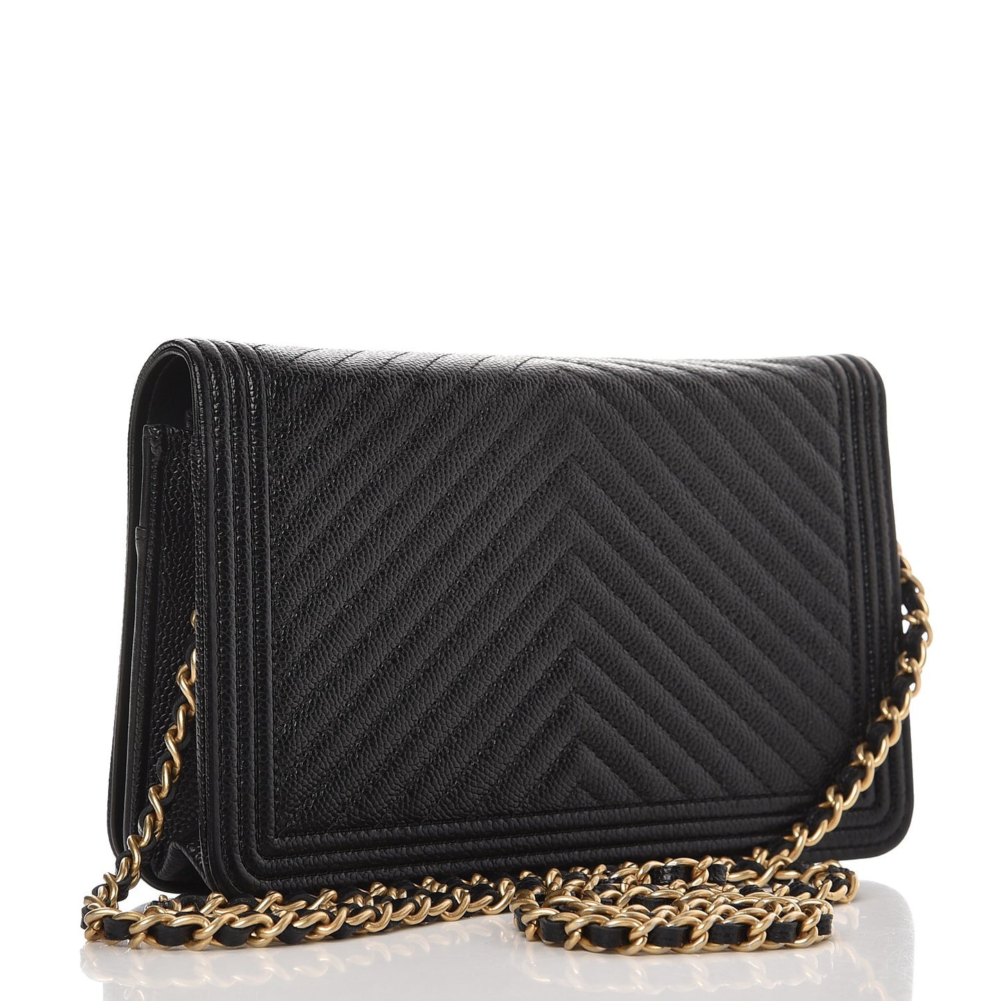 Caviar Chevron Quilted Boy Wallet On Chain WOC Black