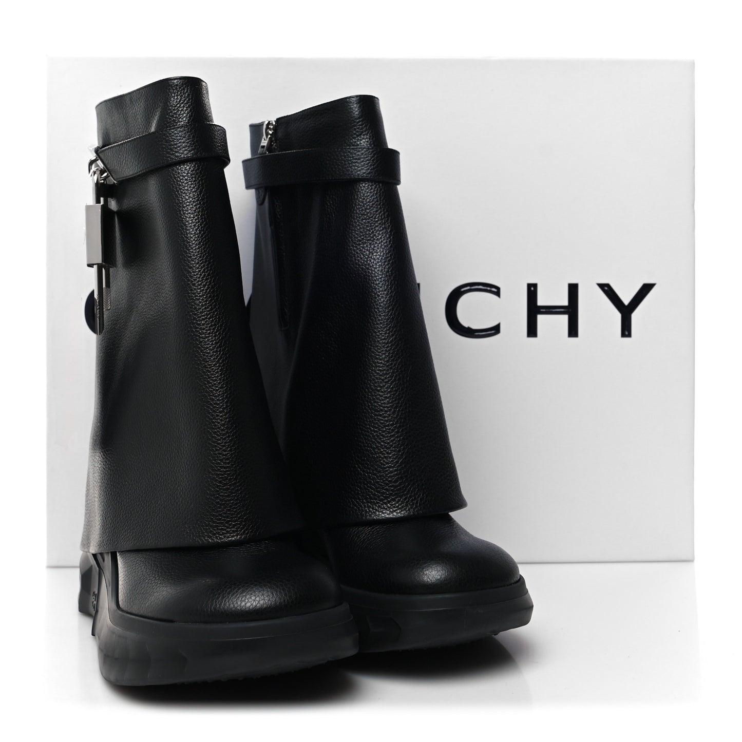 Grained Calfskin Shark Lock Biker Ankle Boots 39 Black