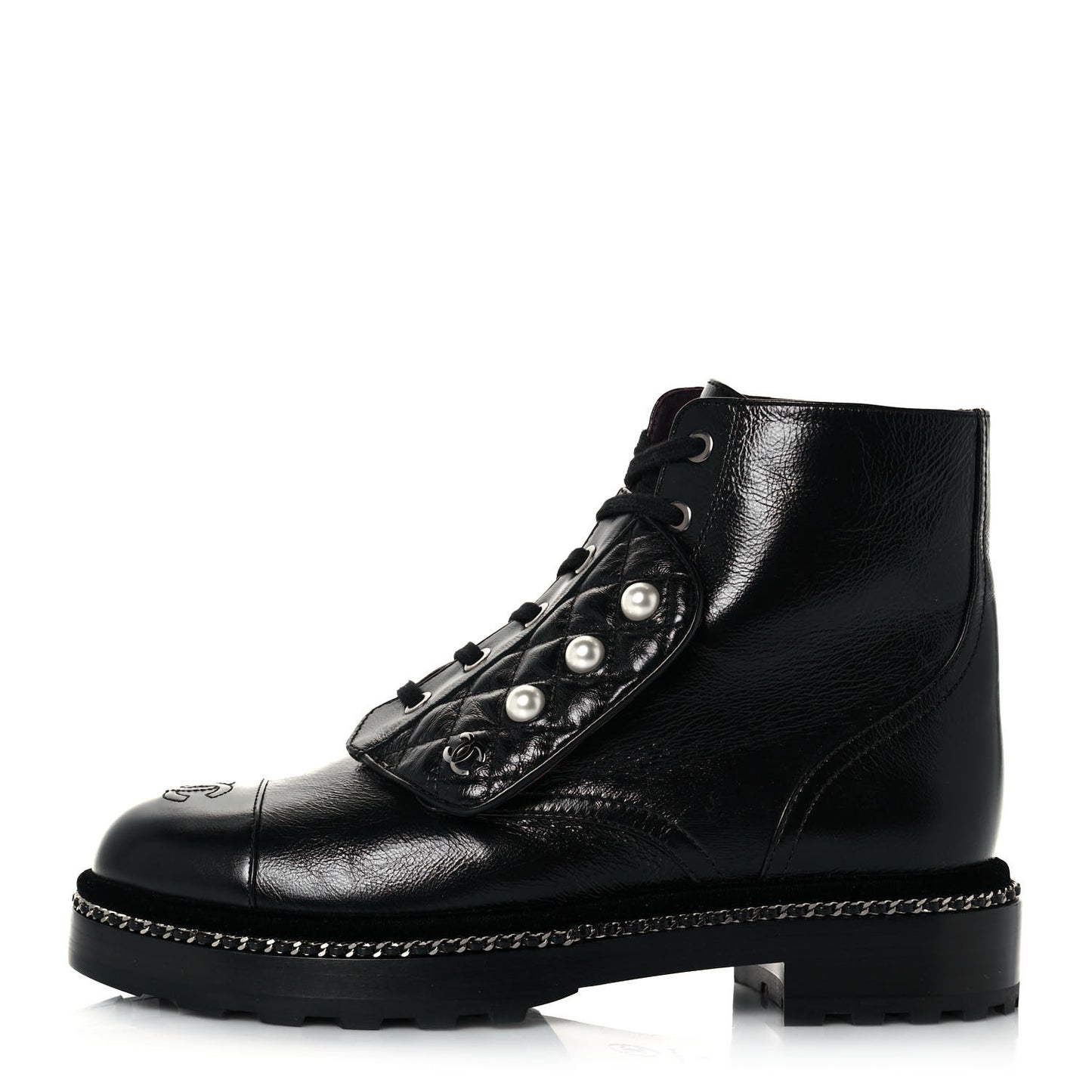 Crackled Calfskin Velvet Pearl Combat Short Boots 39 Black