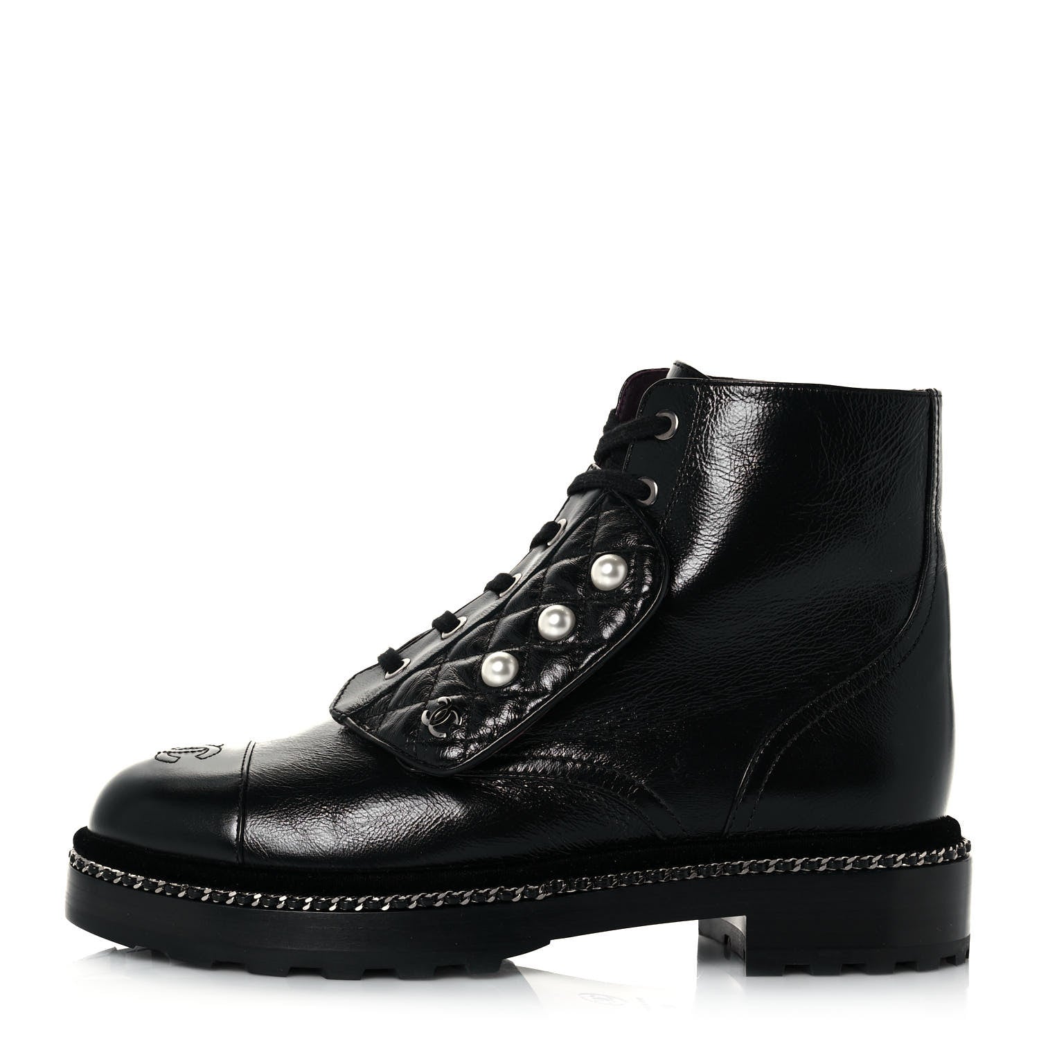 Chanel Crackled Calfskin Velvet Pearl Combat Short Boots 39 Black 1 of 6