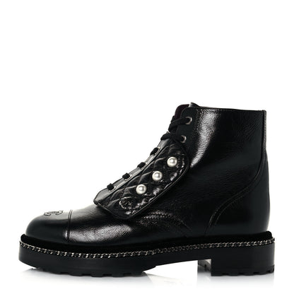 Chanel Crackled Calfskin Velvet Pearl Combat Short Boots 39 Black 1 of 6