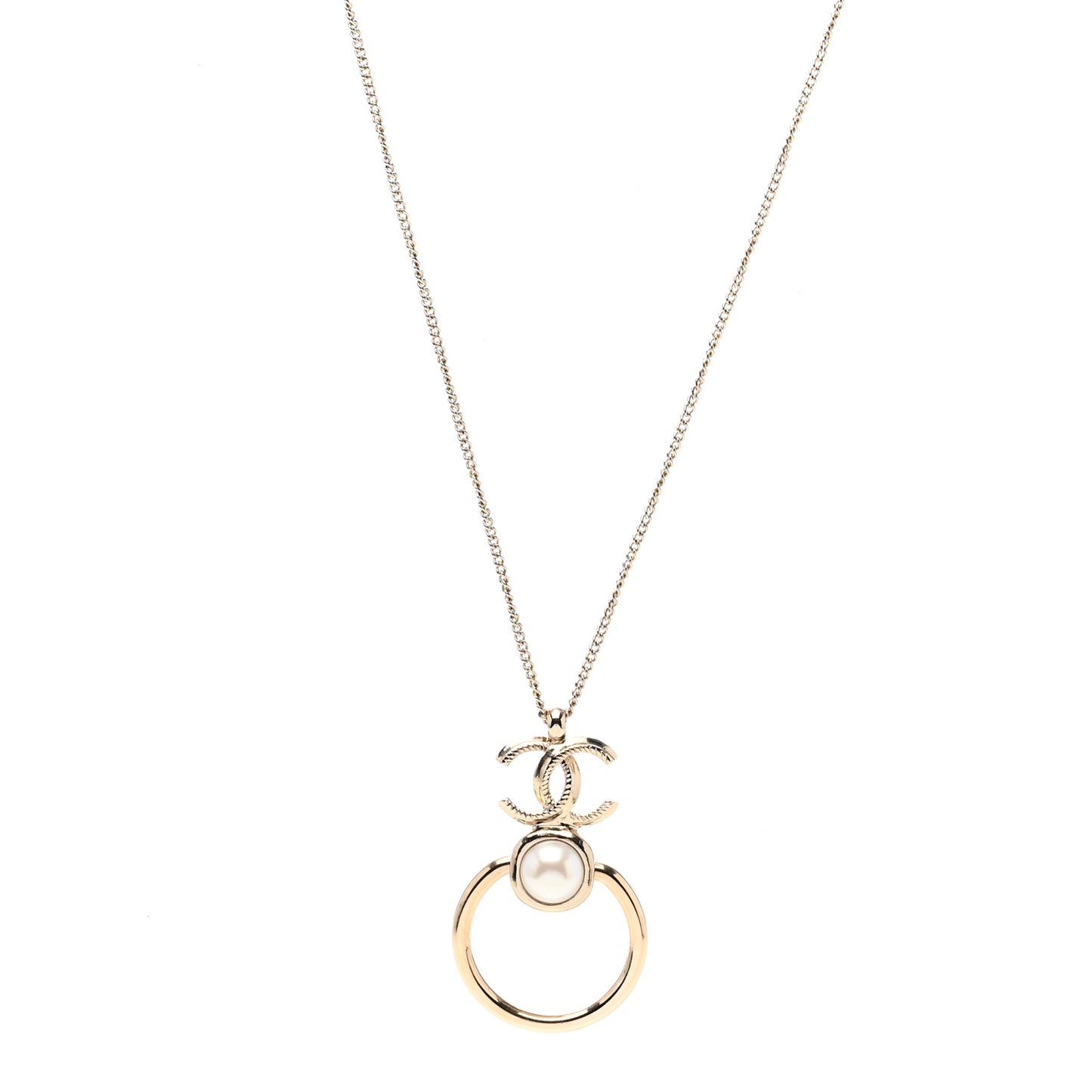 Metal Pearl CC Hoop Drop Pendant Necklace Gold