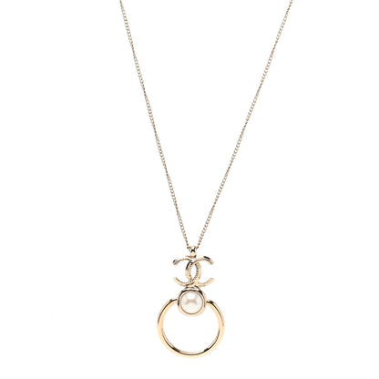 Chanel Metal Pearl CC Hoop Drop Pendant Necklace Gold 1 of 7