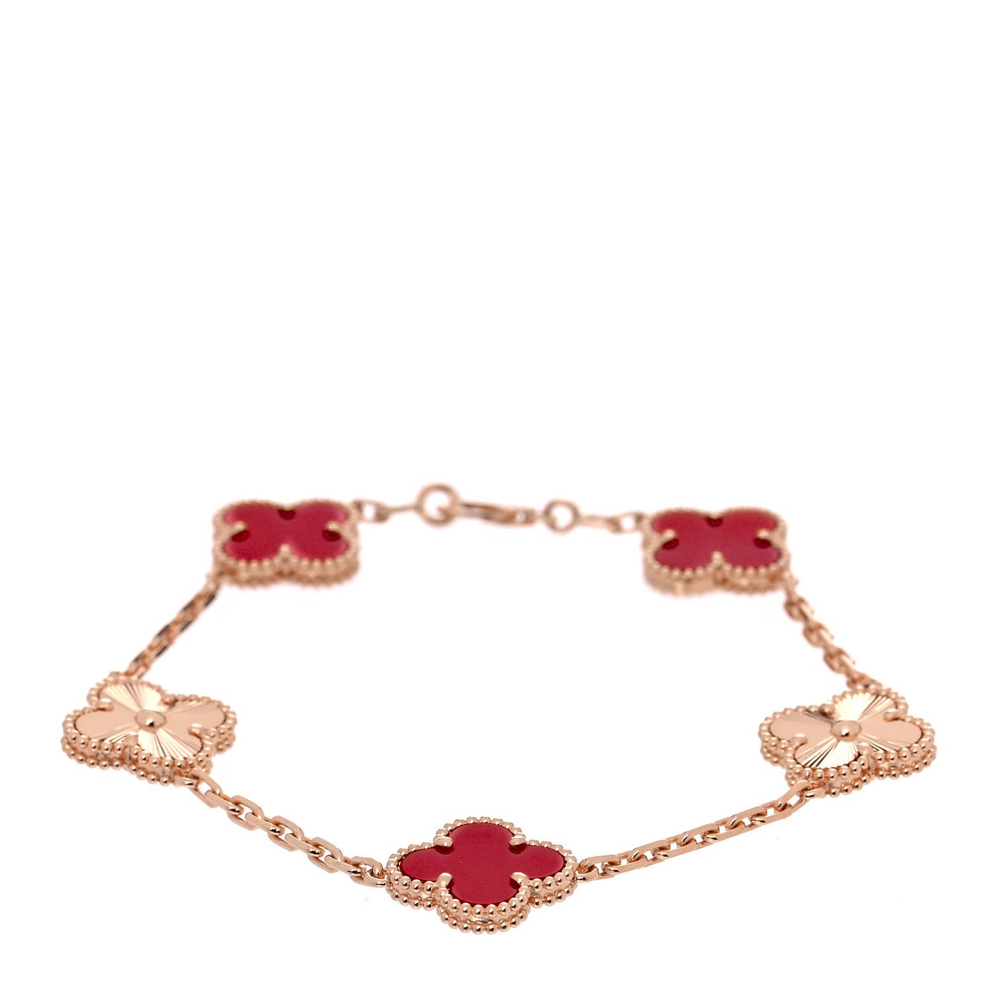 18K Rose Gold Carnelian 5 Motifs Guilloche Vintage Alhambra Bracelet