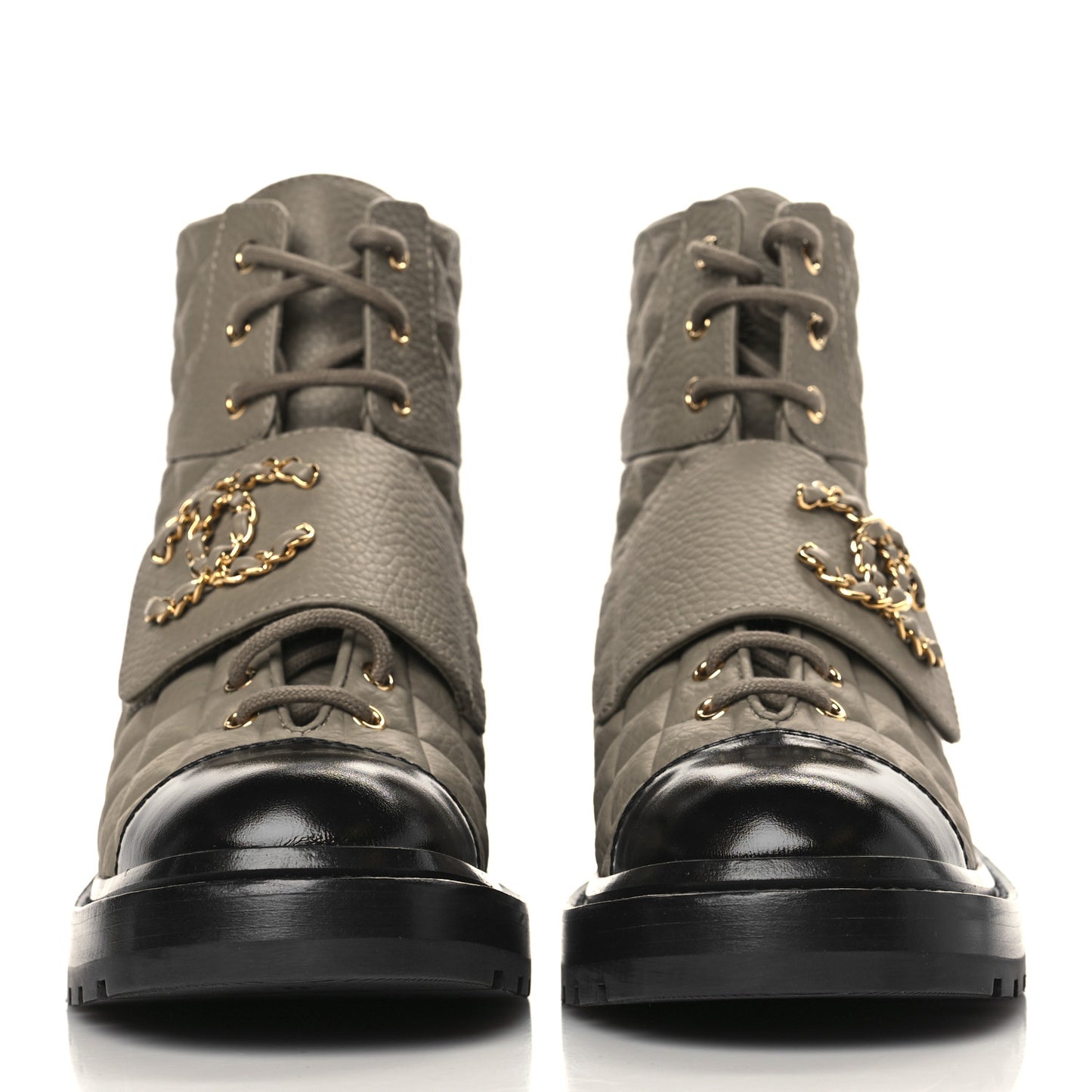 Calfskin Shiny Calfskin Quilted Lace Up Combat Boots 38.5 Dark Beige Black