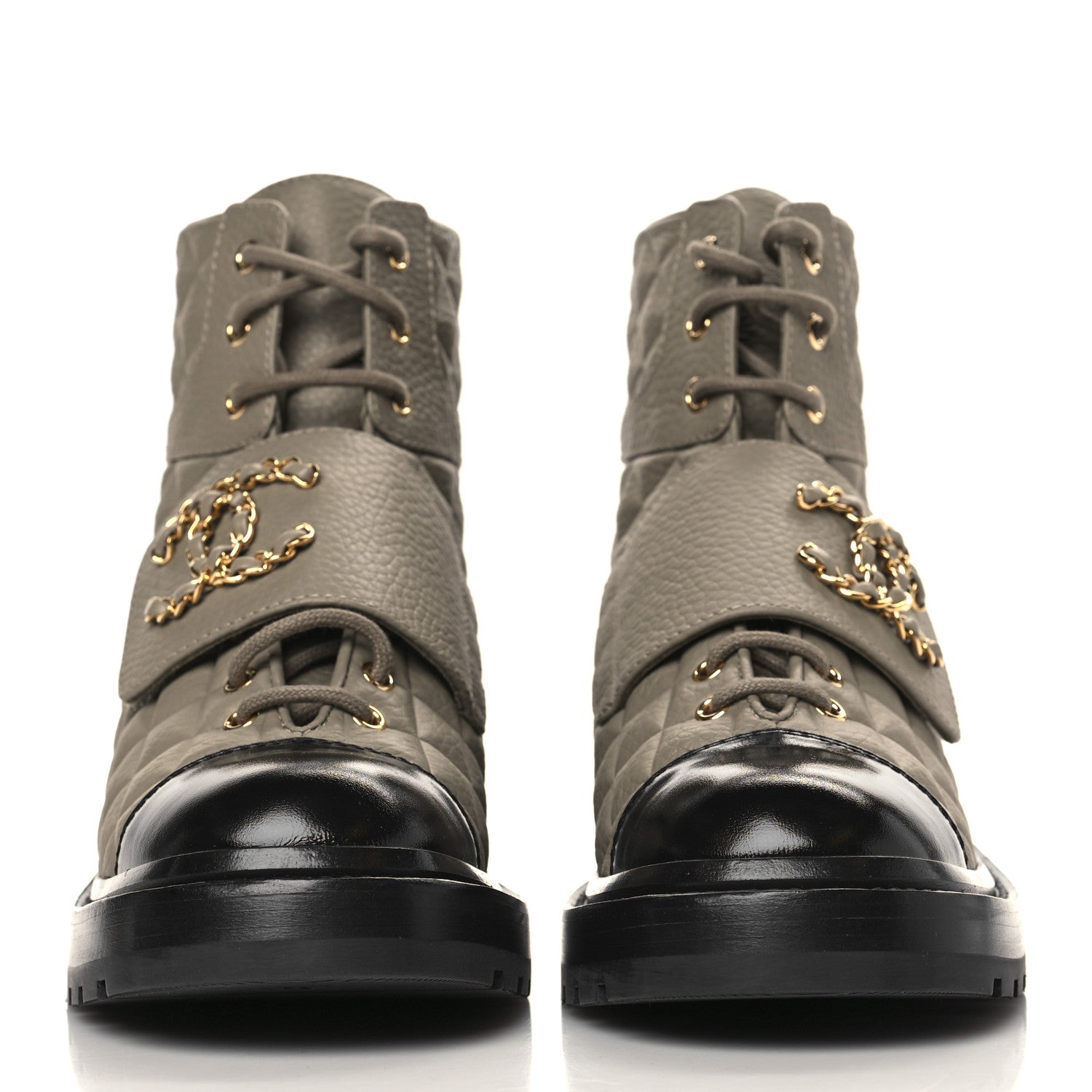 Chanel Calfskin Shiny Calfskin Quilted Lace Up Combat Boots 38.5 Dark Beige Black 2 of 7