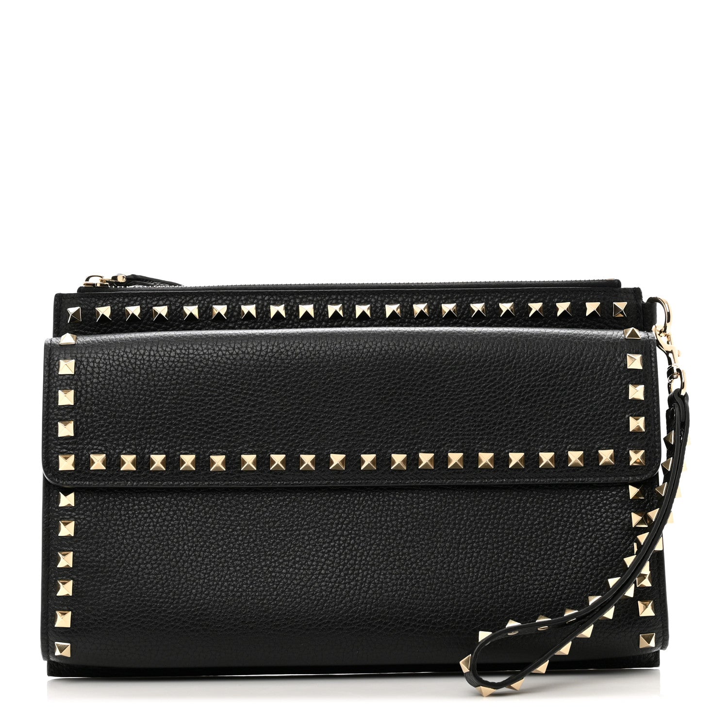 Valentino Garavani Pebbled Calfskin Large Rockstud Wristlet Clutch Black 1 of 7