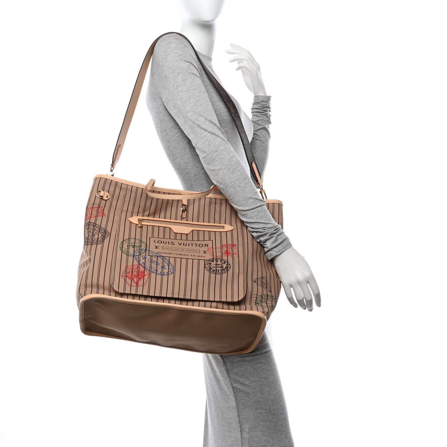 Monogram Stamped Inside Out Neverfull Bandouliere GM Beige