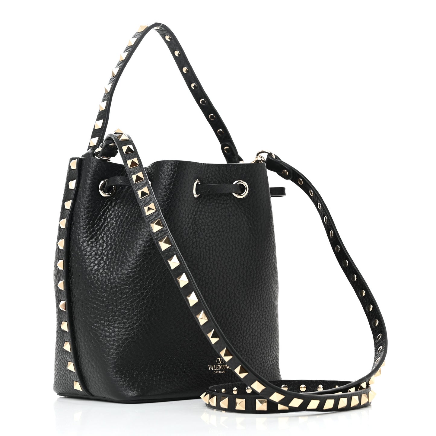 Grained Calfskin Rockstud Bucket Bag Black