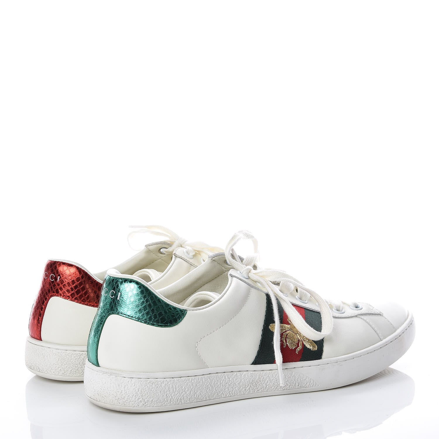 Gucci Miro Soft Calfskin Laminated Ayers Web Bee Embroidered Mens Ace Sneakers 9 White Red Flame Green 4 of 12