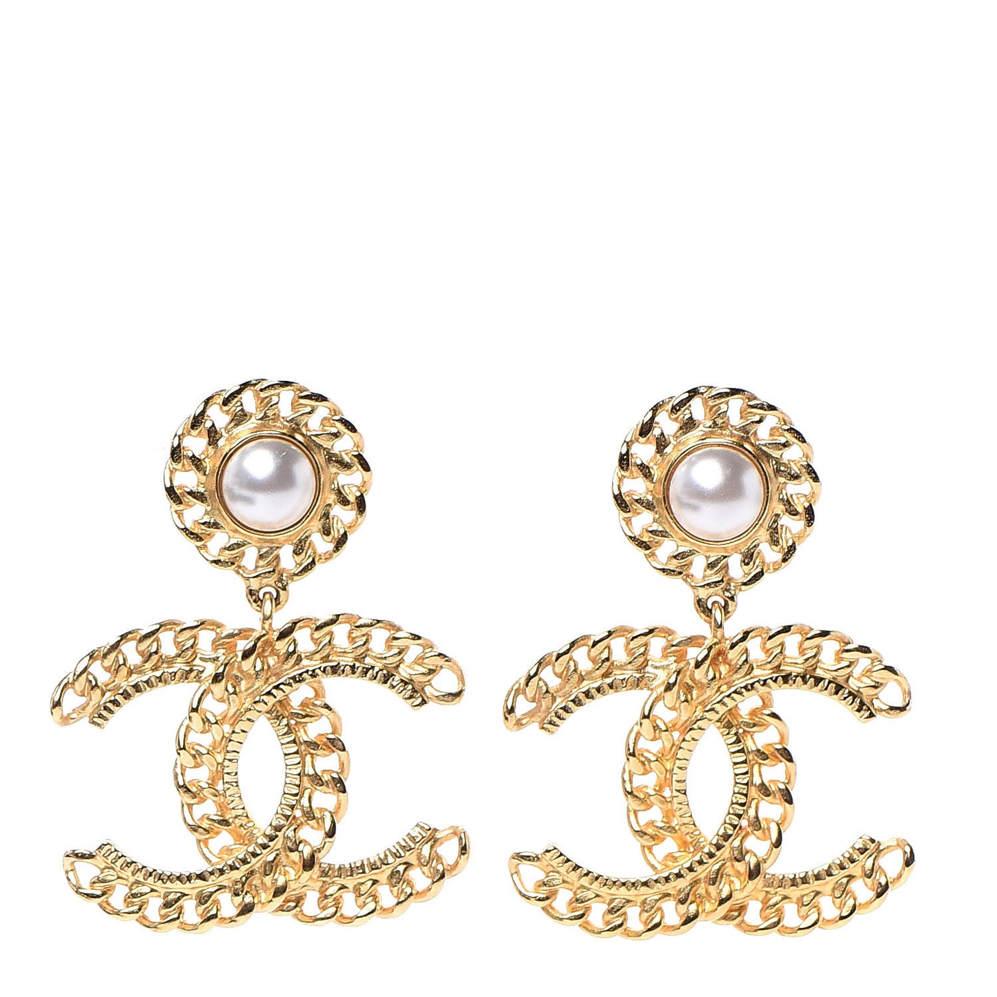 Metal Pearl CC Chain Drop Earrings Gold