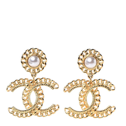 Chanel Metal Pearl CC Chain Drop Earrings Gold 1 of 5