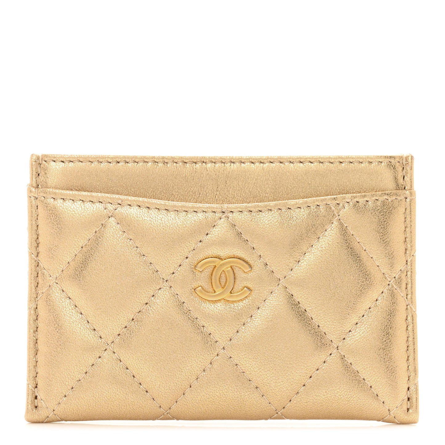 Metallic Lambskin Quilted CC Card Holder Gold