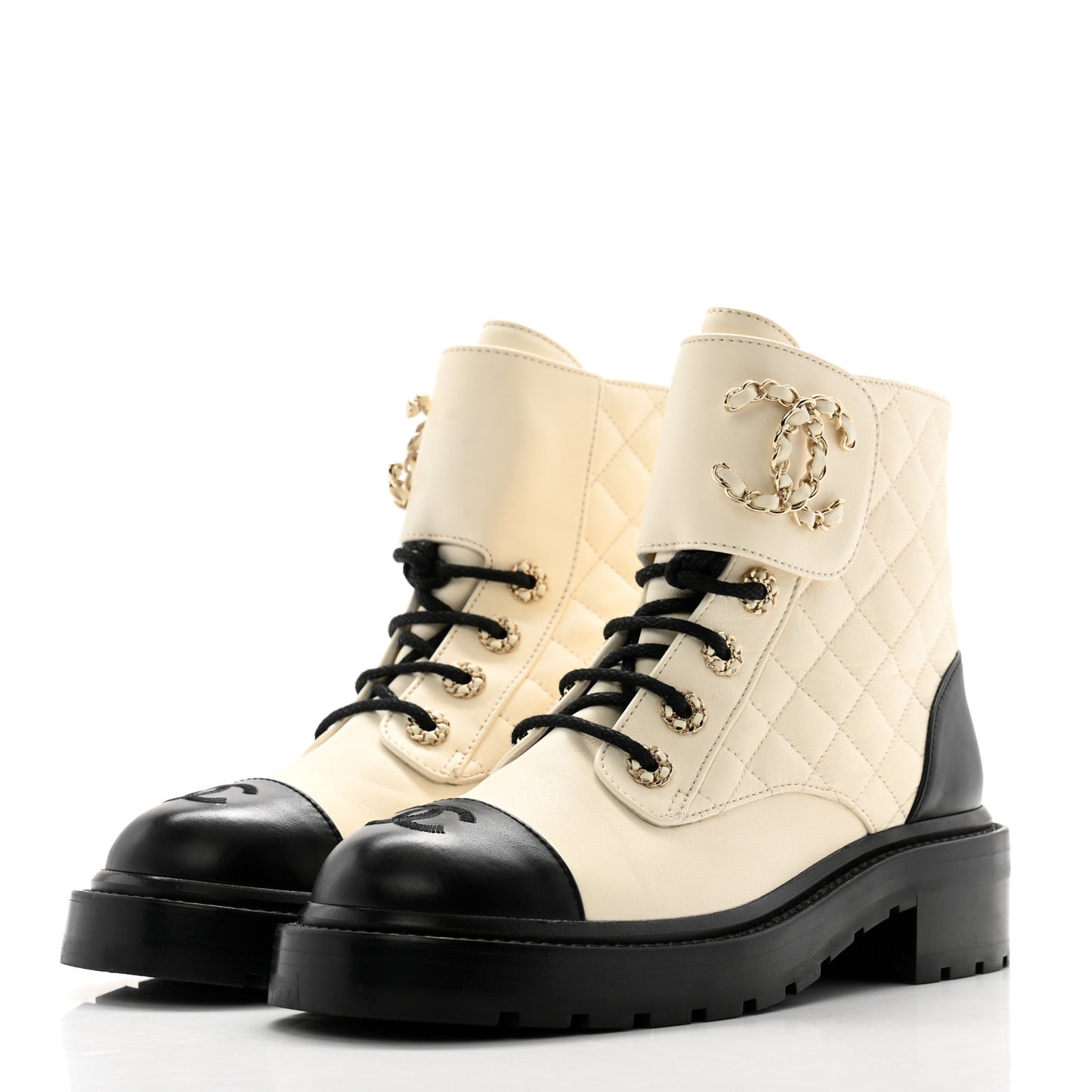 Shiny Goatskin Calfskin Quilted Lace Up Combat Boots 37 Black White
