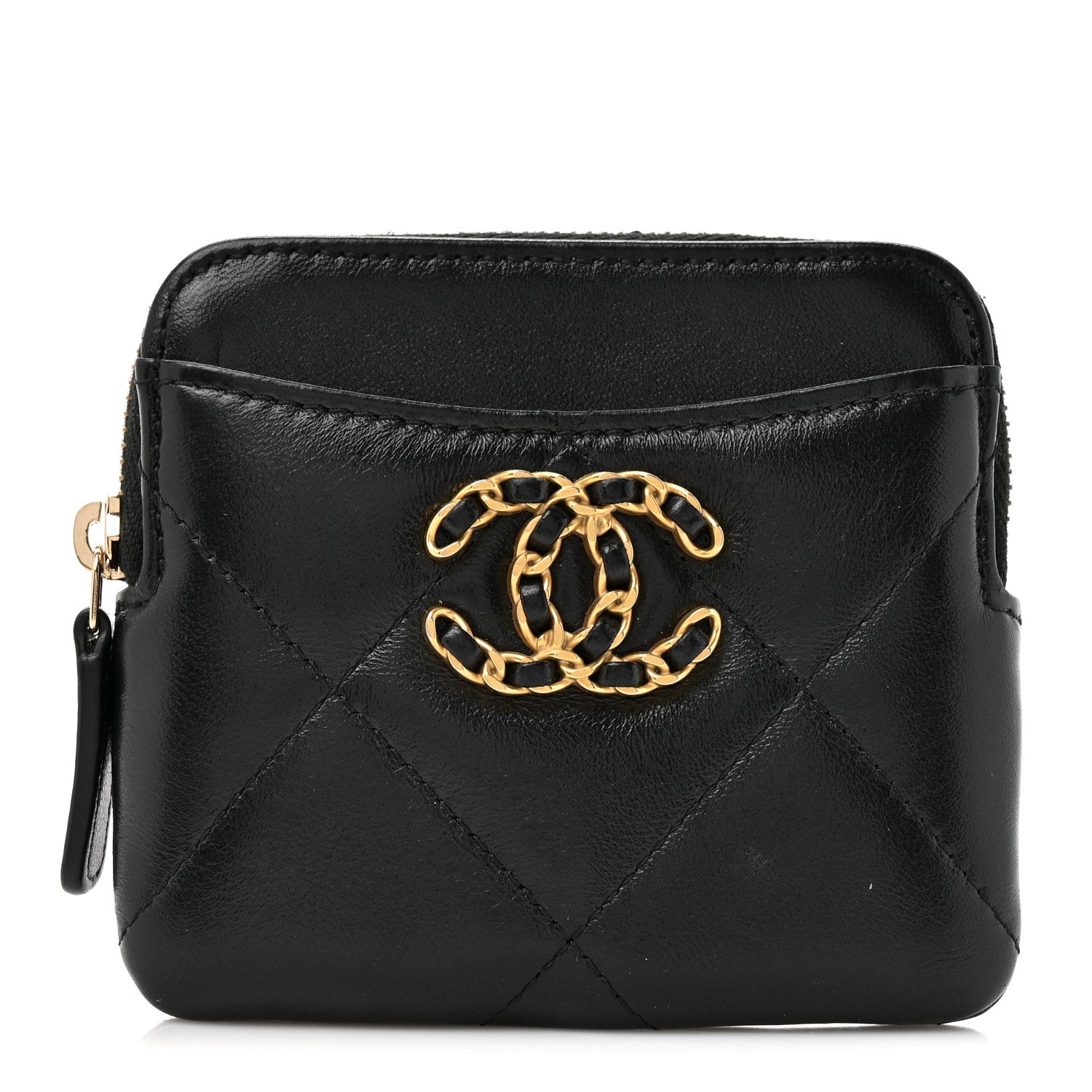 Chanel Lambskin Quilted Chanel 19 Zip Card Holder Wallet Black 1 of 7