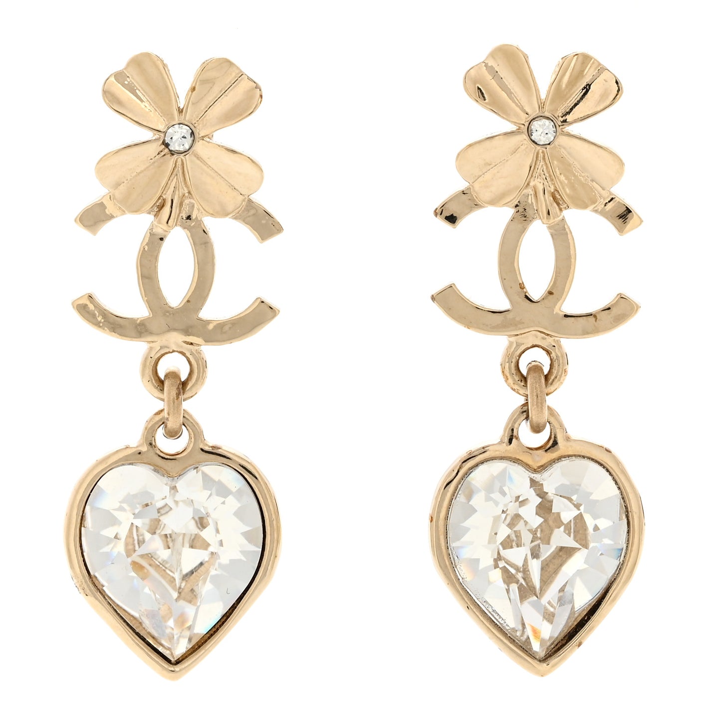 Metal Crystal CC Heart Drop Earrings Gold