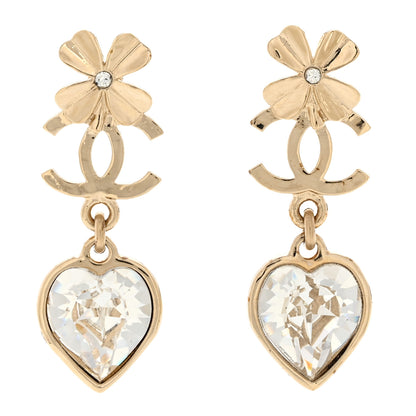 Chanel Metal Crystal CC Heart Drop Earrings Gold 1 of 5