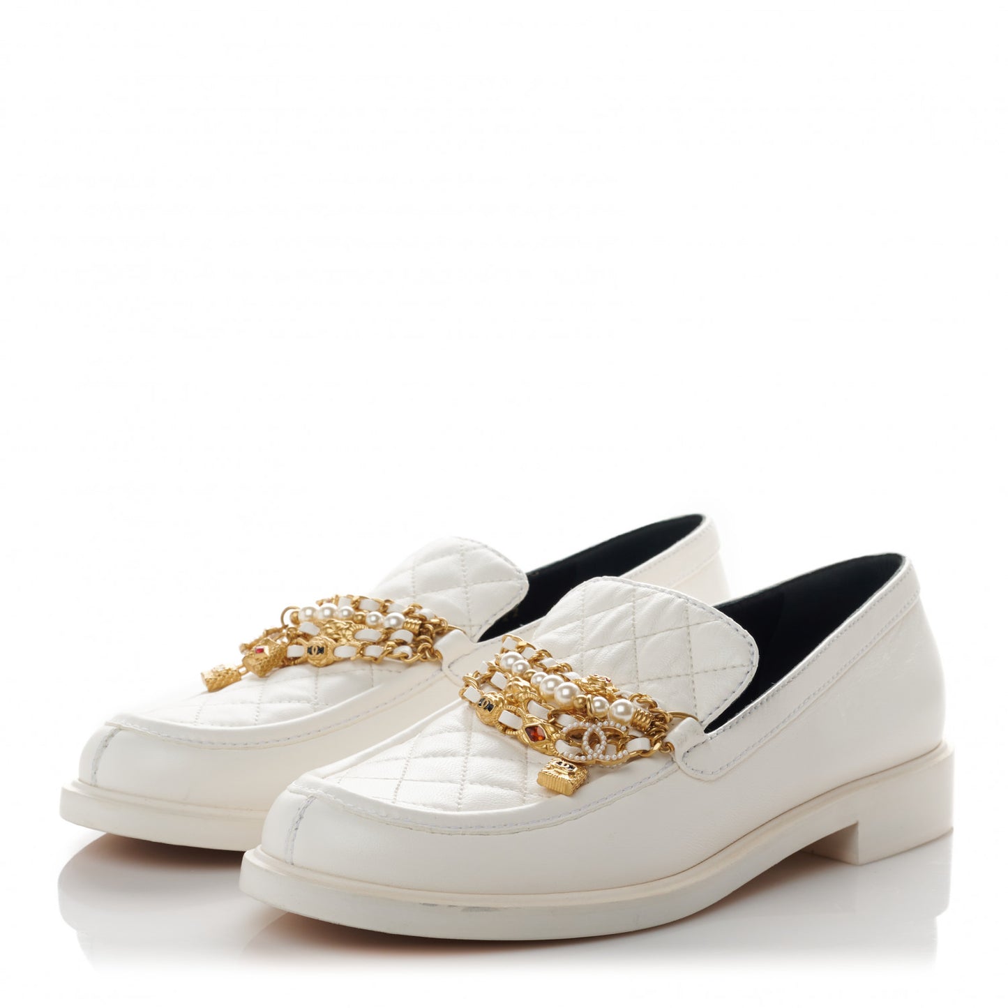 Lambskin Pearl Crystal Quilted CC Logo Jewelry Loafers 40 White