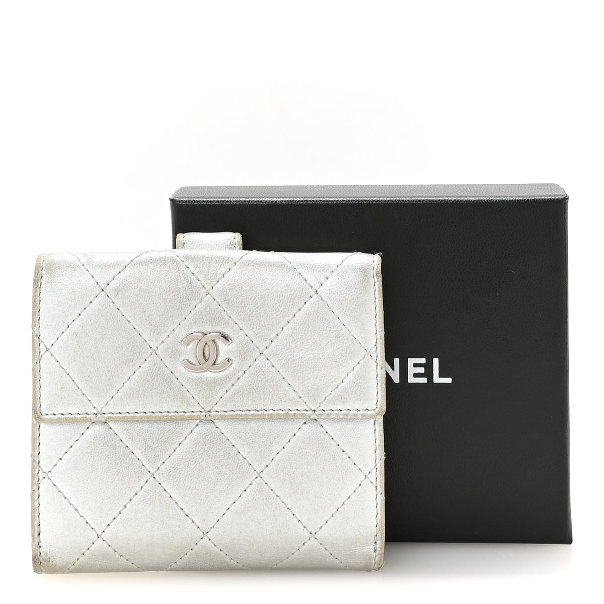 Metallic Lambskin Quilted Compact French Flap Wallet Silver