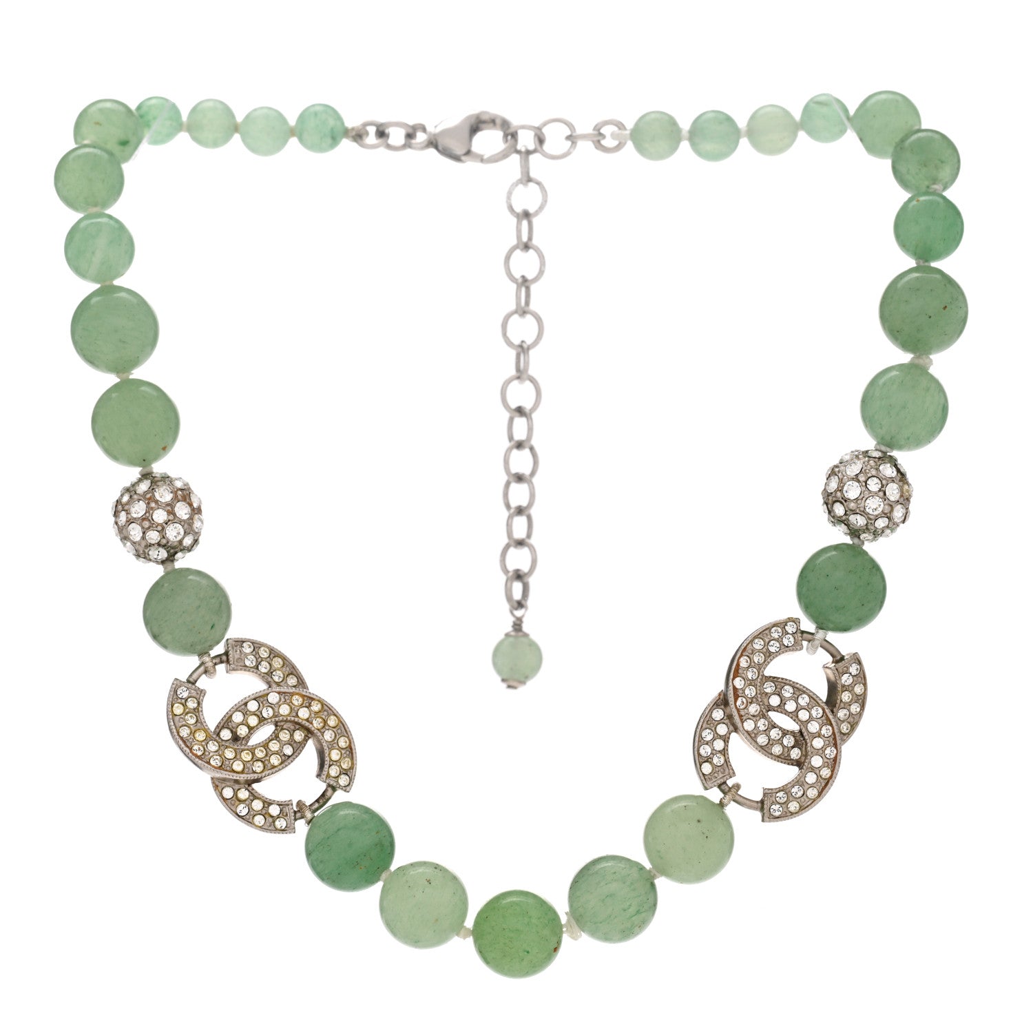 Chanel Bead Crystal CC Choker Necklace Green Silver 3 of 6