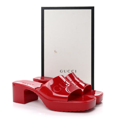 Gucci Rubber Gucci Logo Womens Platform 20/60mm Slide Sandals 38 Hibiscus Red 9 of 9
