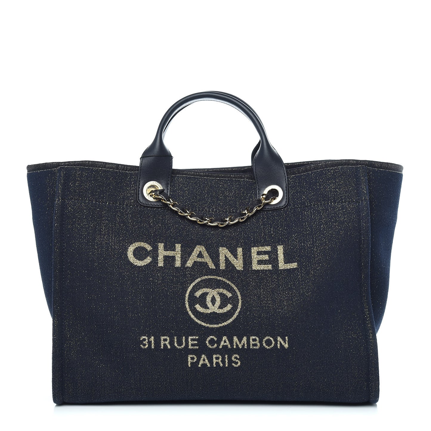 Lurex Canvas Medium Deauville Tote Navy Blue Gold