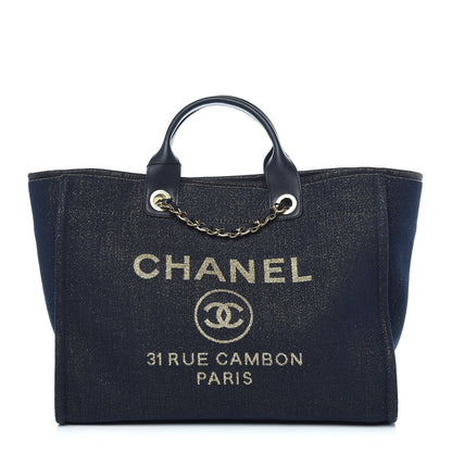 Chanel Lurex Canvas Medium Deauville Tote Navy Blue Gold 1 of 12