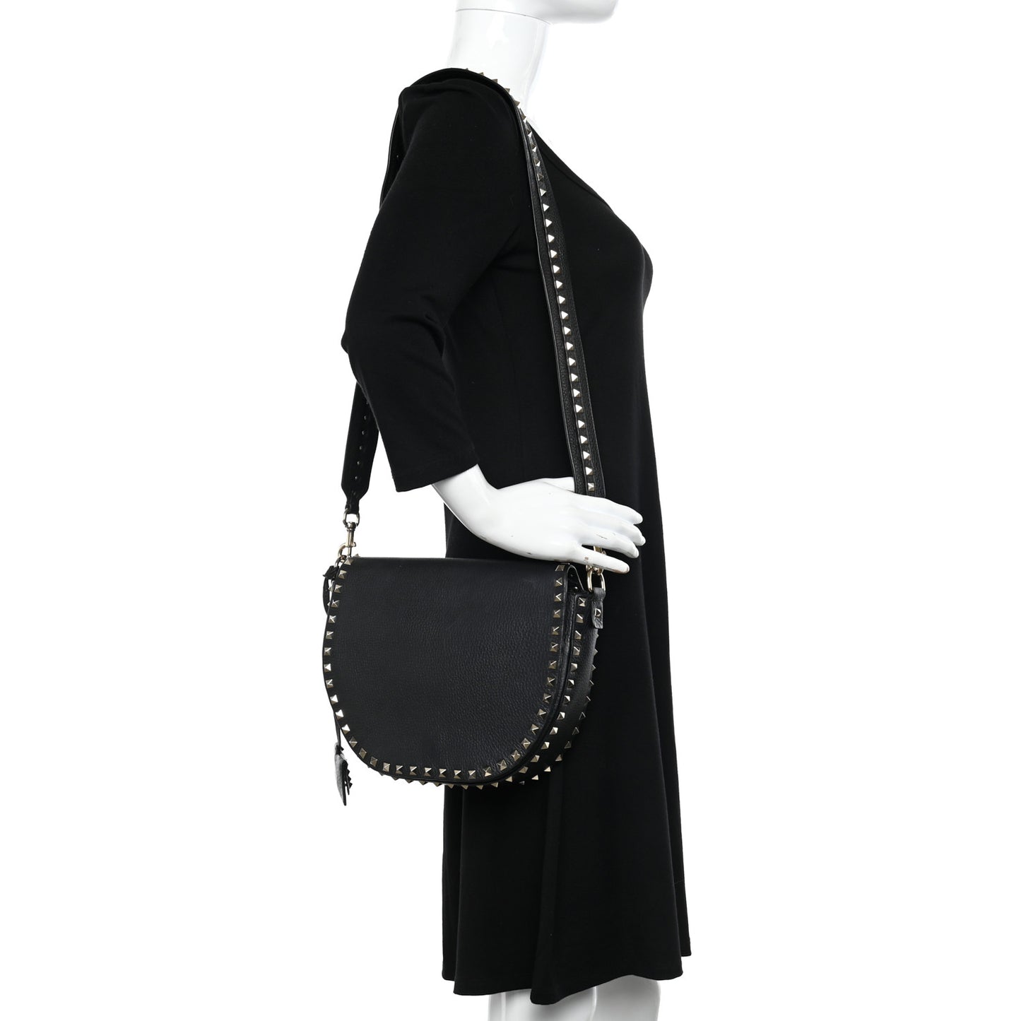Grained Calfskin Rockstud Saddle Bag Black