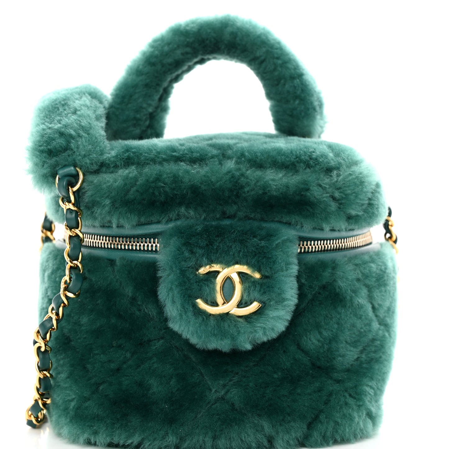 Shearling Lambskin Quilted Small Vanity Case Green