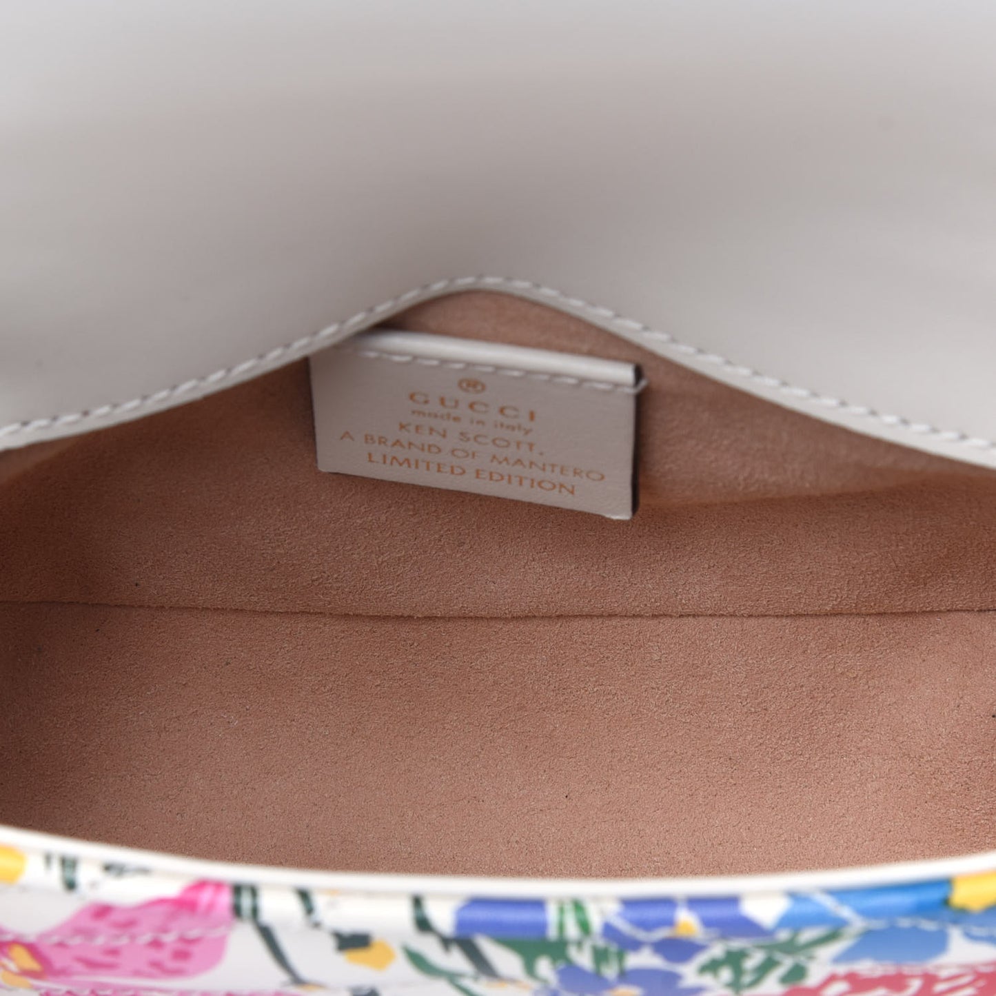X KEN SCOTT Calfskin Matelasse Floral Print Super Mini GG Marmont Shoulder Bag Ivory Pink