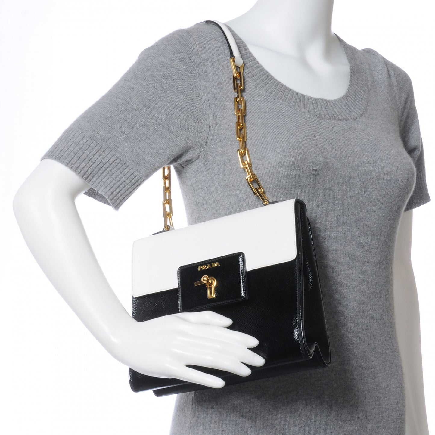 Saffiano Vernice Chain Shoulder Bag Black White