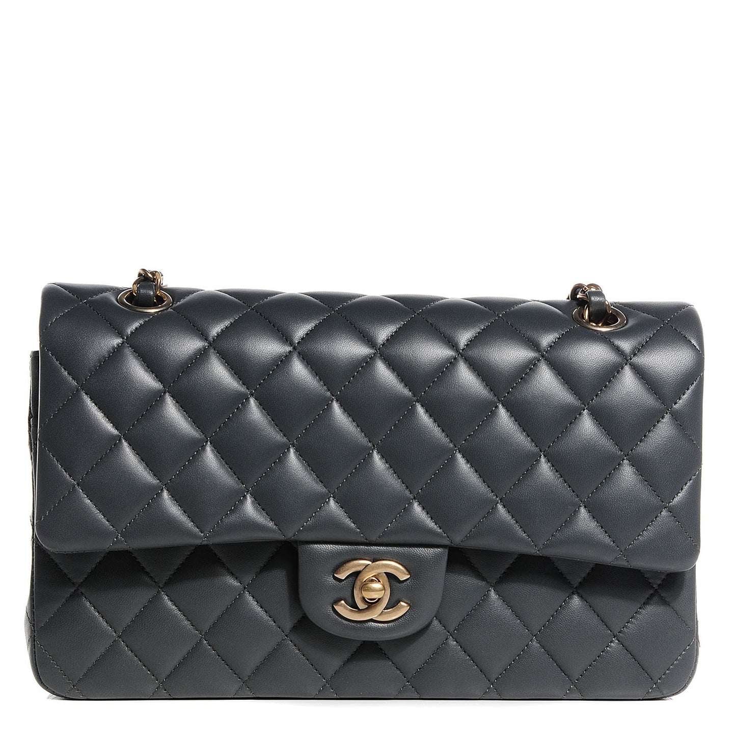 Lambskin Quilted Medium Double Flap Charcoal Grey