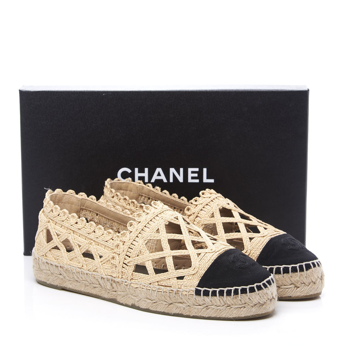 Woven Fabric Grosgrain CC Espadrilles 38 Beige Black