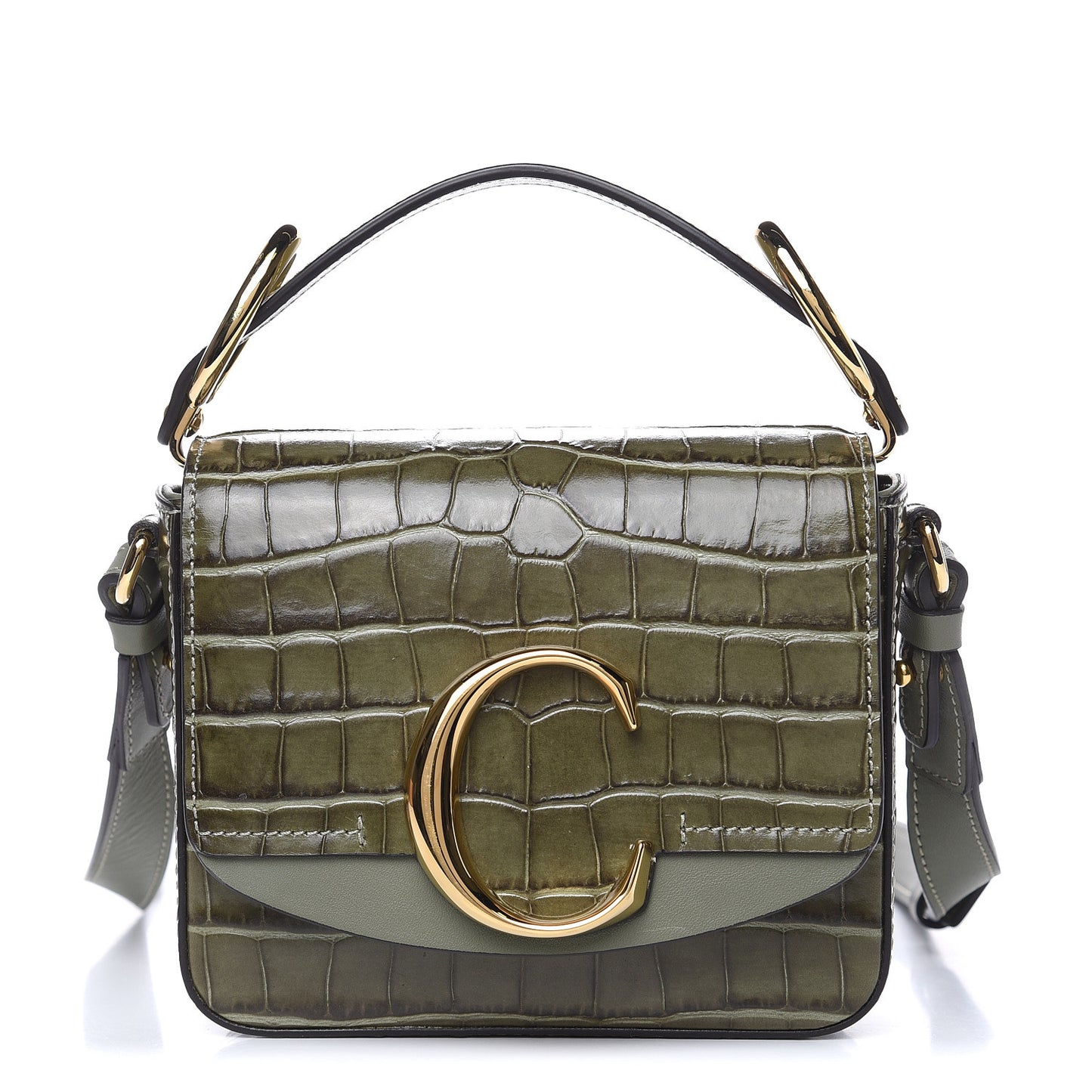 Calfskin Crocodile Embossed Mini C Double Carry Misty Forest