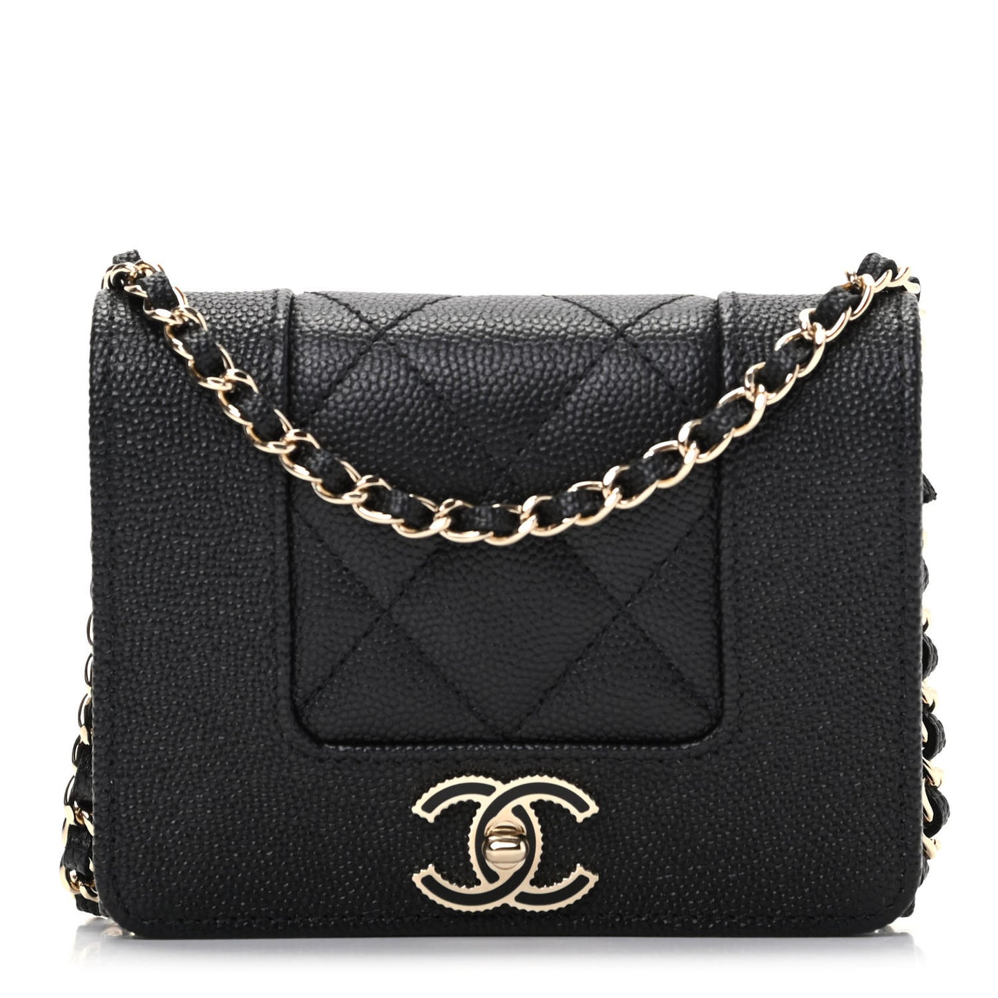 Caviar Quilted Vintage Mademoiselle Card Holder On Chain Black