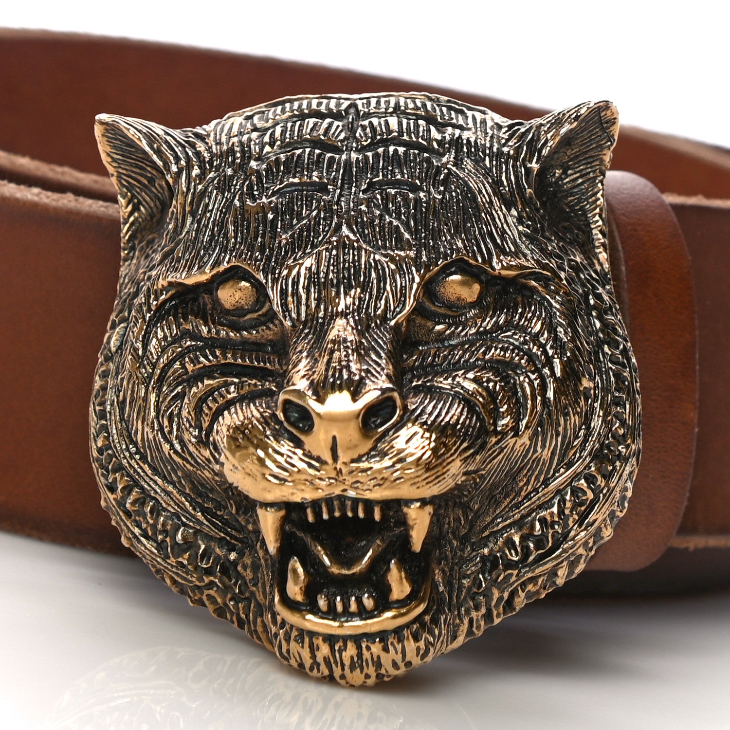 Gucci Calfskin Brass Feline Buckle Belt 80 32 Brown 2 of 11